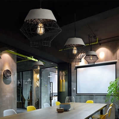 Industrial Concrete Pendant Light with Wire Cage in Nordic Style