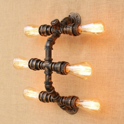 Industrial Pipe Wall Sconce with 6 Light and Arc Fixture Arm, Aged Brass