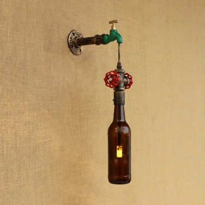 Industrial Retro Wall Sconce G4 LED with Colorful Glass Shade, Pipe Style Valve and Tap Decoration