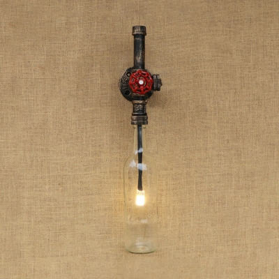 Industrial Wall Light with Clear Wine Bottle Glass Shade with Valve Decorative Pipe Fixture Arm