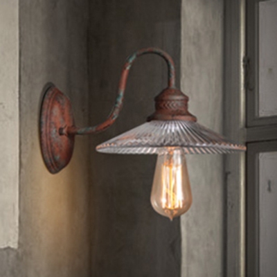 Industrial Wall Sconce Gooseneck Fixture Arm with Ribbed Clear Glass Shade in Rust Finish