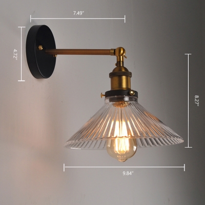 Industrial Wall Scone with Pressed Ribbed Glass Shade in Black Wrought Iron Arm