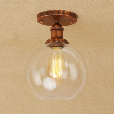 Polished Chrome/Rust Globe Flush Mount Light in Clear Glass for Kitchen Foyer Hallway