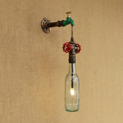 Industrial Retro Wall Sconce G4 LED with Colorful Glass Shade, Pipe Style Valve and Tap Decoration
