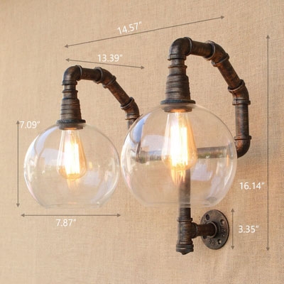 Industrial Wall Sconce 2 Light with Glass Lampshade in Retro Style, Pipe Fixture