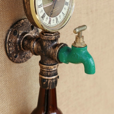 Industrial Wall Sconce Creative Pipe Style Retro Watermeter and Tap Decorative Fixture with Brown Glass Shade