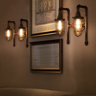 Industrial Wall Sconce Nautical Style with Bronze Metal Cage Frame and Clear Glass Shade