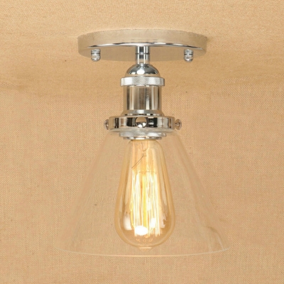 Industrial Ceiling Light Fixture with Conical Clear Glass Shade in Sliver Finish