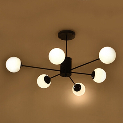 Industrial Chandelier 6 Light Modern Style with Globe White Glass Shade in Black
