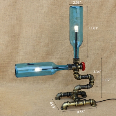 Industrial Table Lamp with 2 Light G4 Led Pipe Style Fixture Body, Blue Bottle Glass Shade