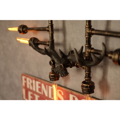 Vintage 6 Light Pipe Wall Sconce with Antler in Black/Silver/Aged Brass