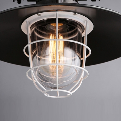 Wrought Iron Disc Shade with White Cage Warehouse Industrial Pendant Light