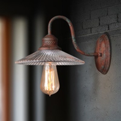 Industrial Wall Sconce Gooseneck Fixture Arm with Ribbed Clear Glass Shade in Rust Finish