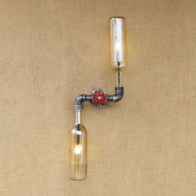 Industrial Wall Sconce LOFT Valve Decorative Pipe Fixture Arm with Clear Wine Bottle Glass Shade