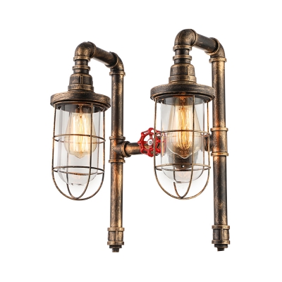 Industrial Wall Sconce Nautical Style with Bronze Metal Cage Frame and Clear Glass Shade