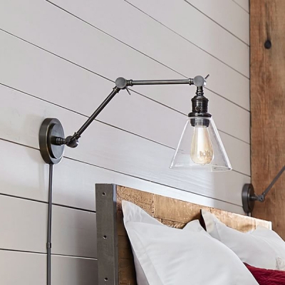 Industrial Adjustable Wall Sconce with Conical Clear Glass Shade in Modern Style