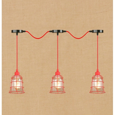 Industrial Cascade Pendant Light Vintage 3 Light with Red Metal Cage Frame and Clear Glass Shade