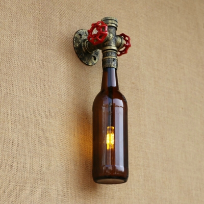 Industrial Vintage Wall Sconce with Double Valve Decorative Pipe Fixture with Colorful Wine Bottle Shade
