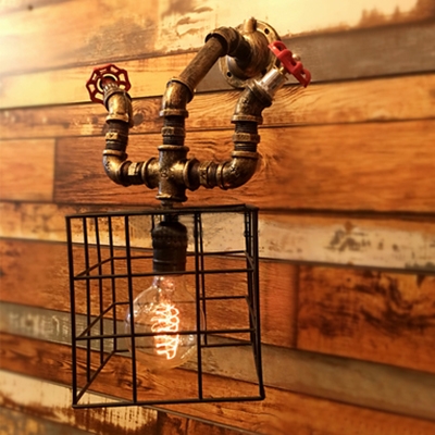 Industrial Wall Sconce with Square Metal Cage Frame Valve Decorative Pipe Style Fixture Arm