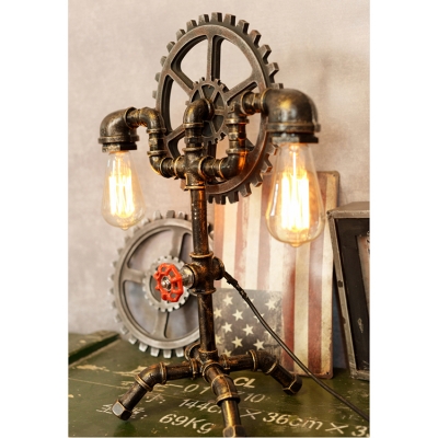 Vintage 2 Light Pipe Desk Lamp with Gear Fixture in Aged Bronze