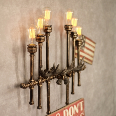 Vintage 6 Light Pipe Wall Lamp Rustic Retro Vintage Fixture Arm in Open Bulb Style