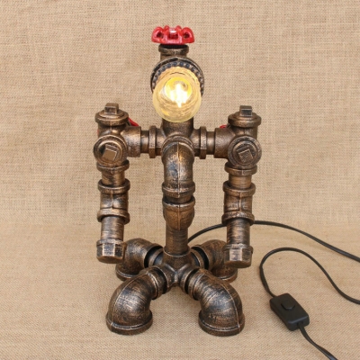 Industrial Pipe Table Lamp with Robert Shape Lamp Base in Bronze, Open Bulb Style