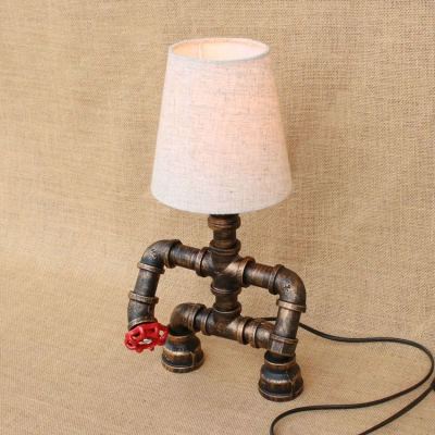 Industrial Table Lamp with Fabric Lampshade Creative Pipe Design Fixture Body, Valve Decoration