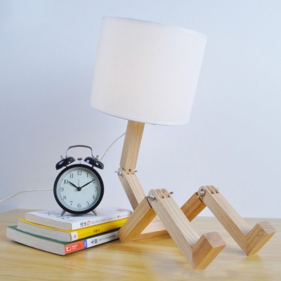 Industrial Robot Table Lamp Adjustable DIY Book Night Light Bedside Lamp Home Decor Wooden Table Lamp with Fabric Shade, White