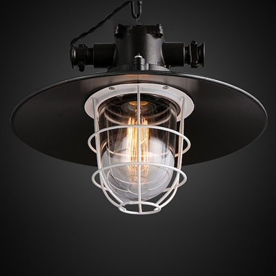Wrought Iron Disc Shade with White Cage Warehouse Industrial Pendant Light