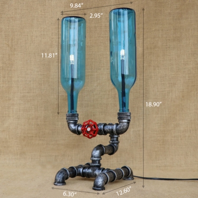 Industrial Table Lamp with Fabulous Pipe Fixture Design, Blue Wine Bottle Glass Shade