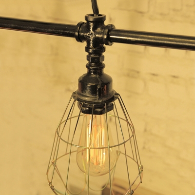 Industrial Island Light LOFT Pipe Fixture Arm with Watermeter Decoration, Metal Cage Frame in Color Option