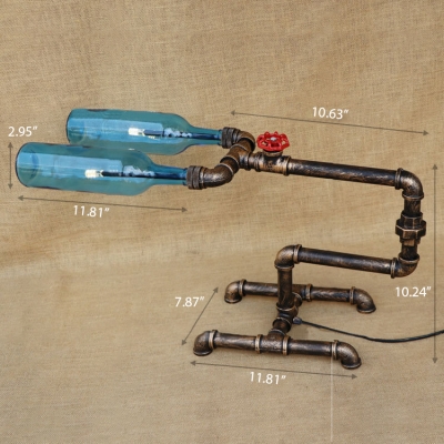 Industrial Table Lamp with LOFT Style Pipe Fixture Arm, Creative Blue Wine Bottle Glass Shade