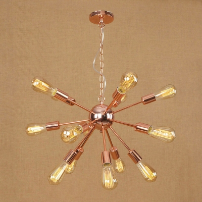 Industrial Vintage Chandelier 15 Light Open Bulb Style with Radial Fixture Arm in Copper