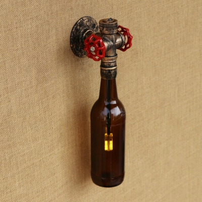 Industrial Vintage Wall Sconce with Double Valve Decorative Pipe Fixture with Colorful Wine Bottle Shade