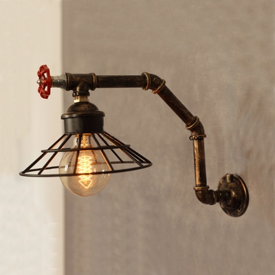 Industrial Wall Sconce Creative Pipe Style Retro Valve Decoration with Metal Cage Frame