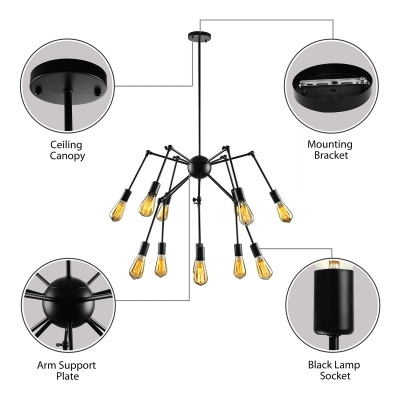 Atomic Style 12 Light LED Chandelier in Black