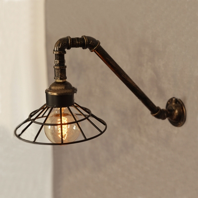 Industrial Wall Light LOFT Arc Pipe Style Fixture with Metal Cage Frame in Heritage Bronze