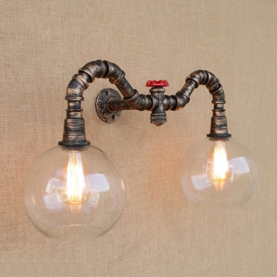 Industrial Wall Sconce LOFT Pipe Valve Decoration with 8 Inch Wide Clear Globe Glass Shade