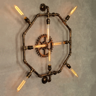 Industrial 8 Light Pipe Wall Lamp in Octangle Shape Fixture, Black/Silver/Antique Brass
