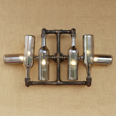 Industrial Wall Sconce for Hallway with Blue/Amber/Smoke Bottle Glass Shade, Pipe Fixture Arm