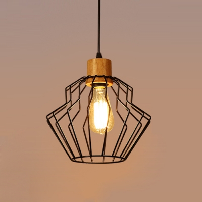 Vintage Pendant Light with Wire Cage and Wood Accent, Black