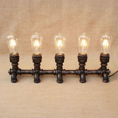 Industrial Table Lamp with Fabulous Pipe Fixture Body in Open Bulb Design, Aged Bronze