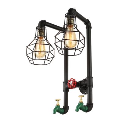 Industrial Vintage Wall Sconce with Metal Cage Frame in Black, Tap and Valve Decoration