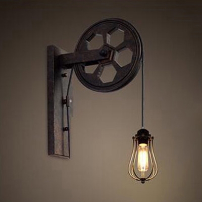 

Vintage Wall Lamp with Wheel Shape Arm and Metal Cage, Black, HL449227