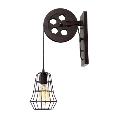 Industrial Wall Sconce with Hanging Cord and Metal Cage, Black