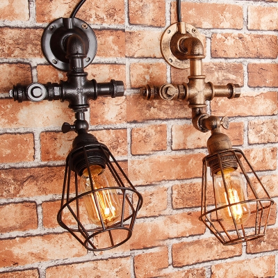 Industrial Wall Light Retro Vintage with Metal Cage Frame with Silver/Gold Pipe Fixture