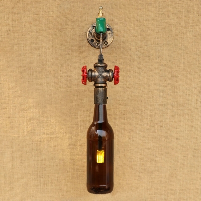 Industrial Wall Sconce Loft Tap Decorative Pipe Fixture with G4 Wine Bottle Glass Shade