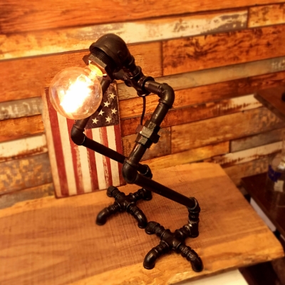 Industrial Pipe Desk Lamp with Robert Shape Lamp Base, Black/Aged Brass/Gold/Silver