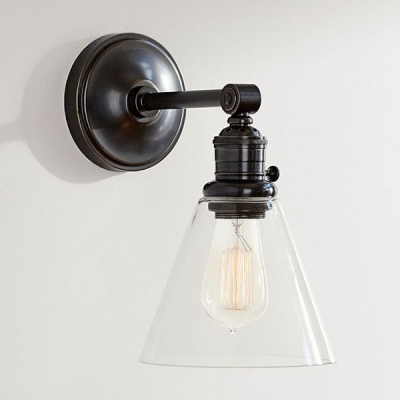 Industrial Wall Sconce Modern Style Wrought Iron Arm with Conical Glass Shade in Black