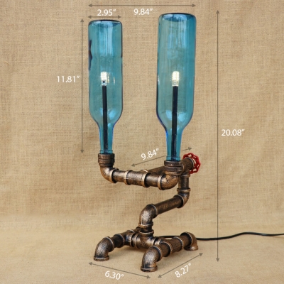 Industrial Desk Lamp with 2 Light Loft Pipe Style Creative Blue Glass Shade